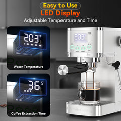 Espresso Machine with Temperature Timer LED Display 20 Bar Espresso Maker with Adjustable Extraction Temperature Stainless Steel Coffee Machine with Powerful Steam Wand for Cappuccino Latte Americano
