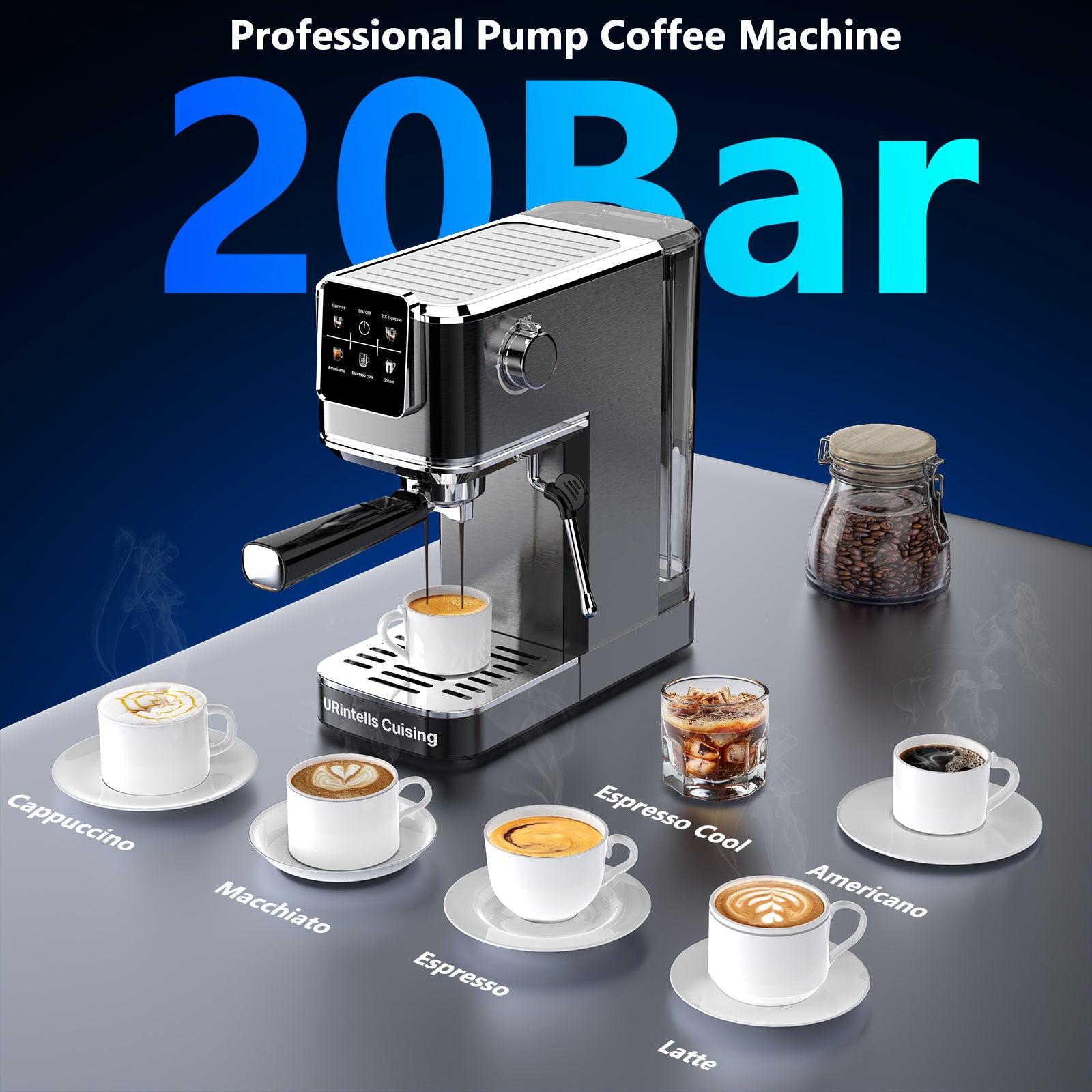 URintells Cuising Espresso Machine 20 Bar,Touch Screen Espresso Maker with Steam Milk Frother,Stainless Steel Expresso Coffee Machine for Cappuccino Latte Cold Brew,1350W Fast Heat Up System