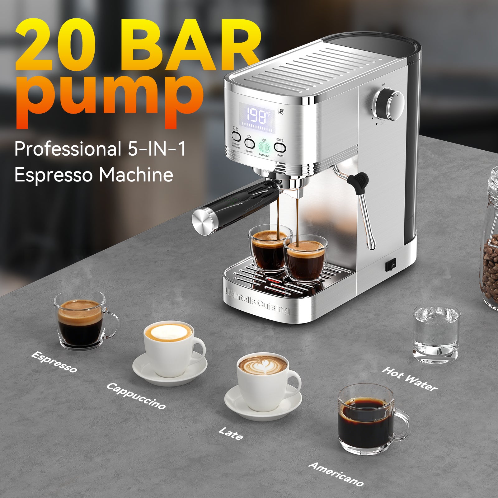 Espresso Machine with Temperature Timer LED Display 20 Bar Espresso Maker with Adjustable Extraction Temperature Stainless Steel Coffee Machine with Powerful Steam Wand for Cappuccino Latte Americano