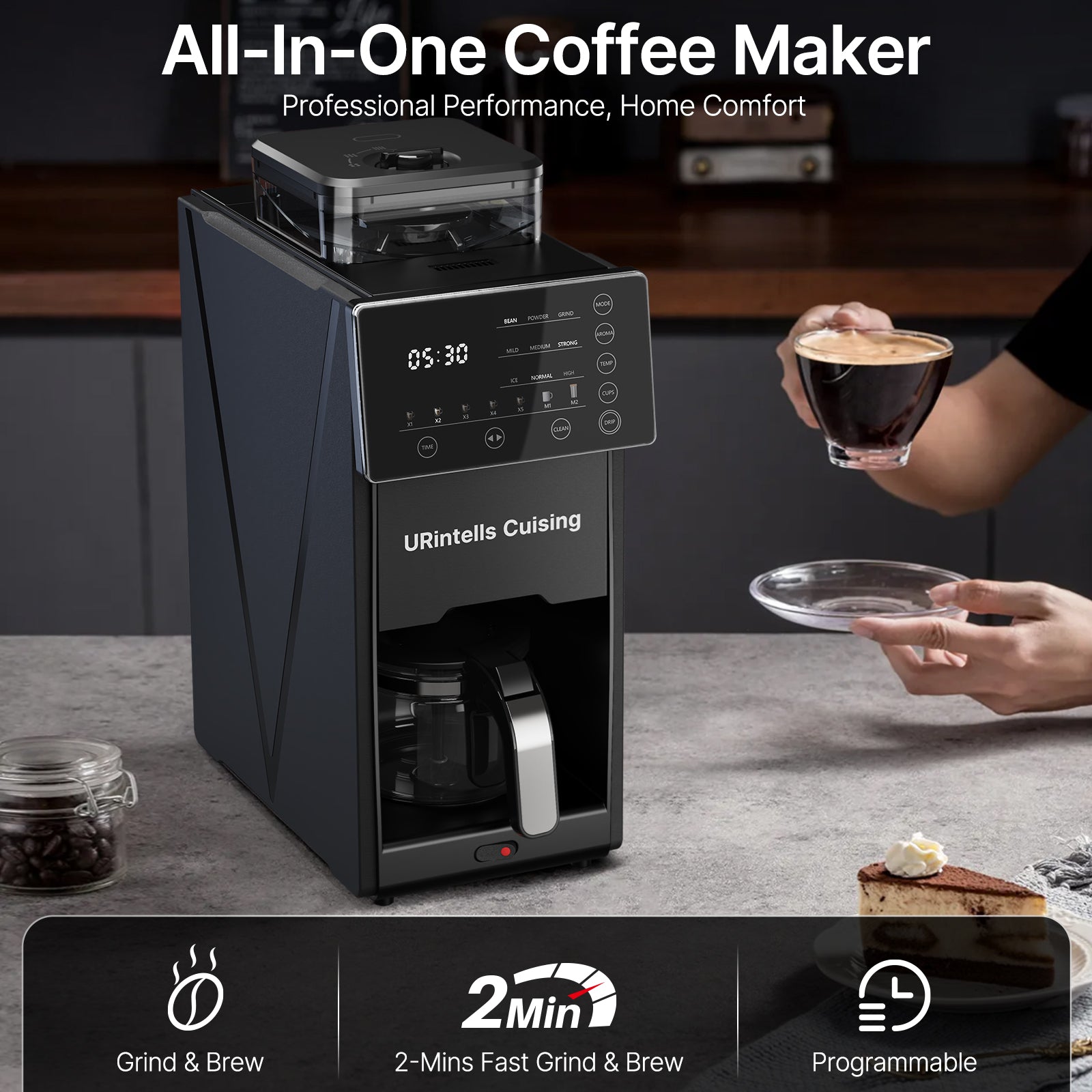Automatic Drip Coffee Maker with Built-In Grinder & Programmable Timer