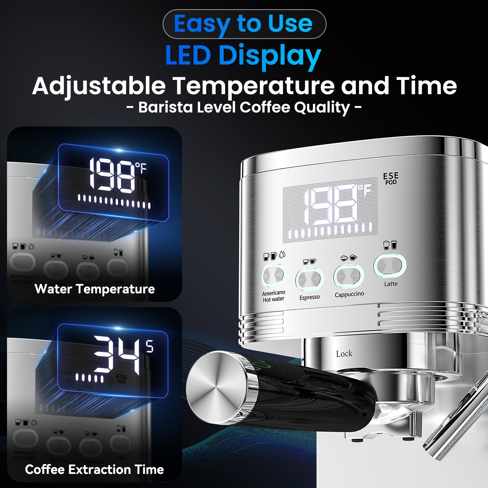 Espresso Machine 20 Bar Temperature Time LED Display Espresso Maker with Stepless Adjustable Automatic Milk Frother for Cappuccino Latte Americano Stainless Steel Coffee Machine with ESE Pod Filter