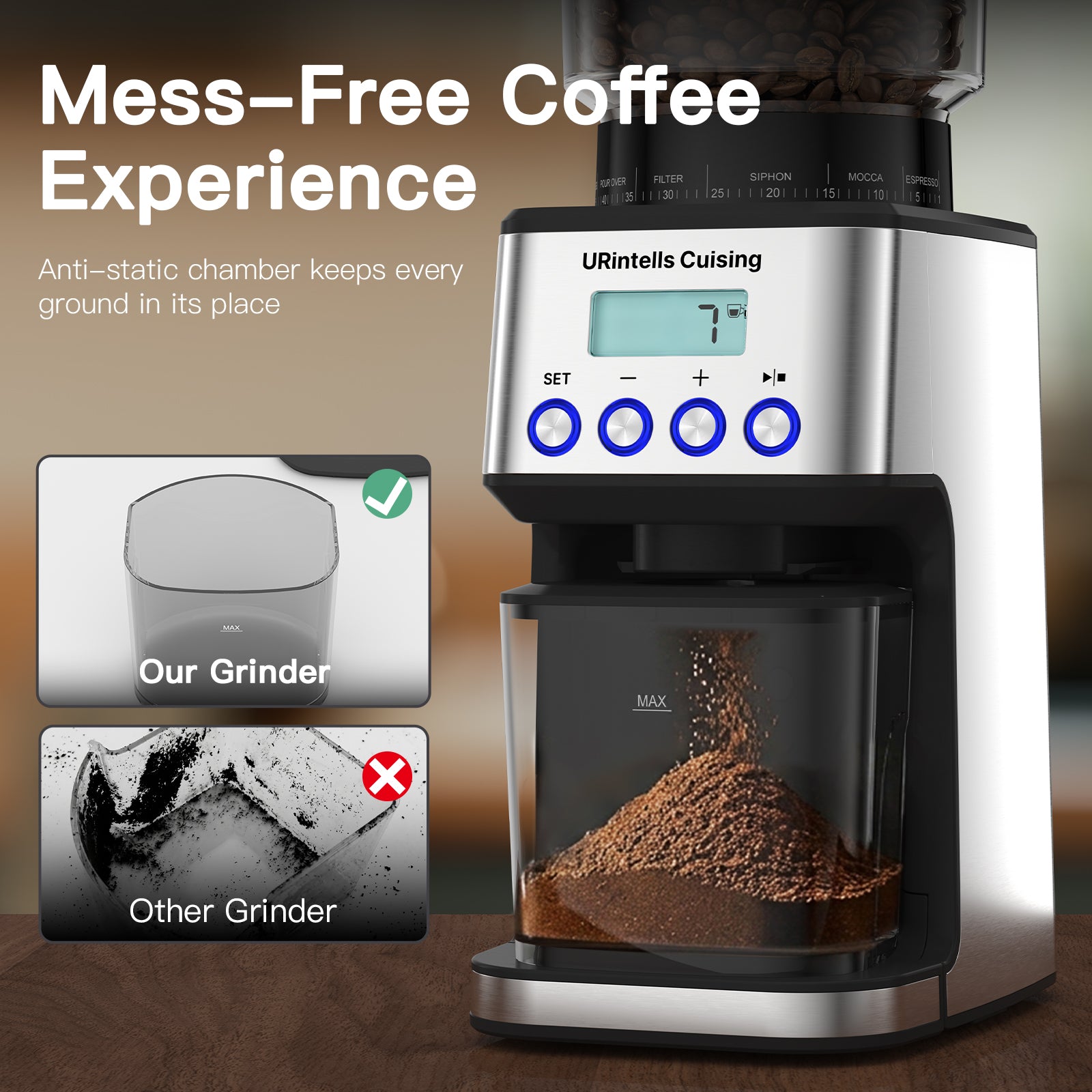 URintells Cuising Electric Conical Burr Coffee Grinder,51 Grind Settings,12.3 oz Bean Hopper,1-12 Cup,for Espresso/Drip/Pour over/French Press