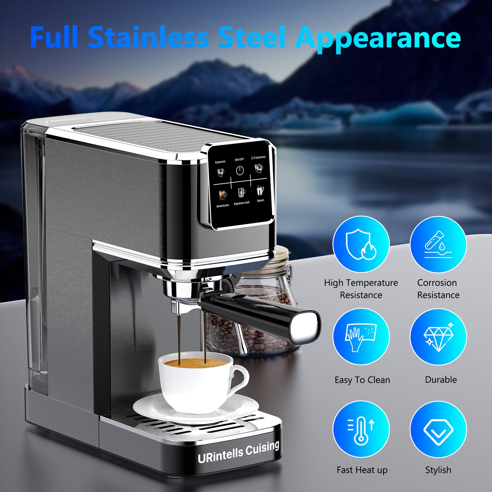 URintells Cuising Espresso Machine 20 Bar,Touch Screen Espresso Maker with Steam Milk Frother,Stainless Steel Expresso Coffee Machine for Cappuccino Latte Cold Brew,1350W Fast Heat Up System