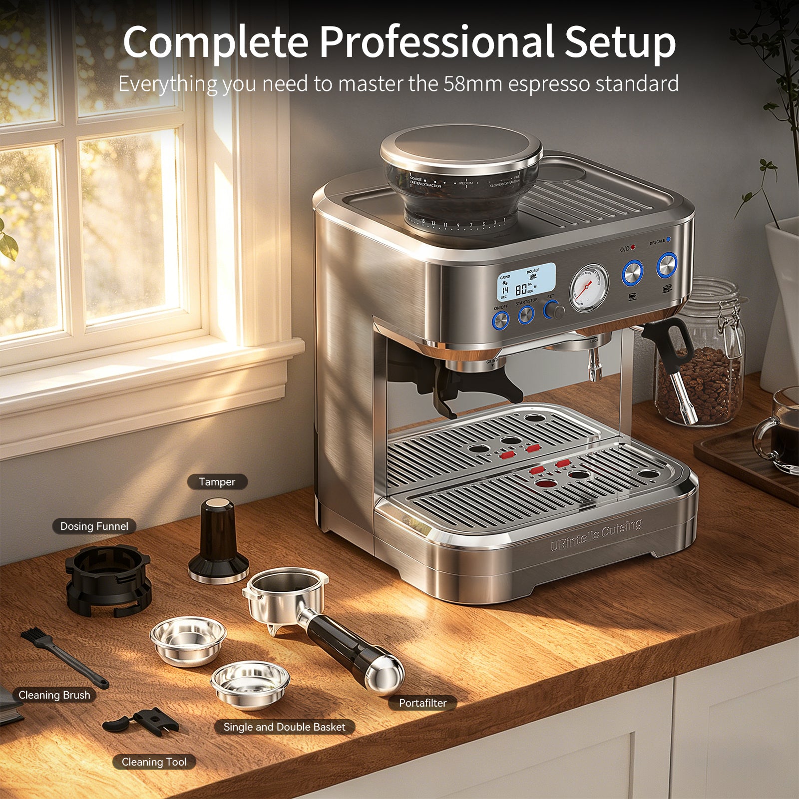 Semi-Automatic Espresso Machine with Grinder & Milk Frother – 58mm Professional Coffee Maker