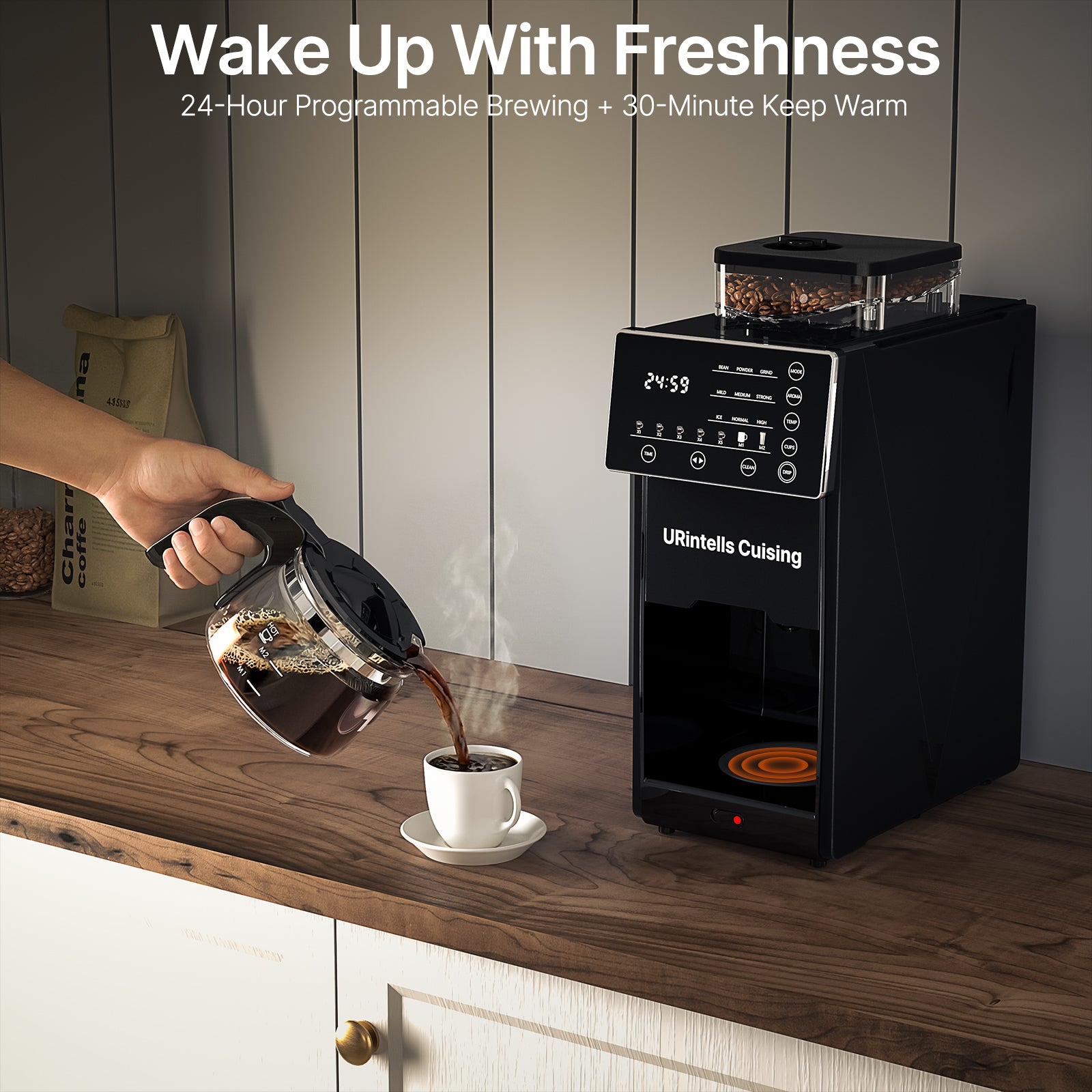 Automatic Drip Coffee Maker with Built-In Grinder & Programmable Timer