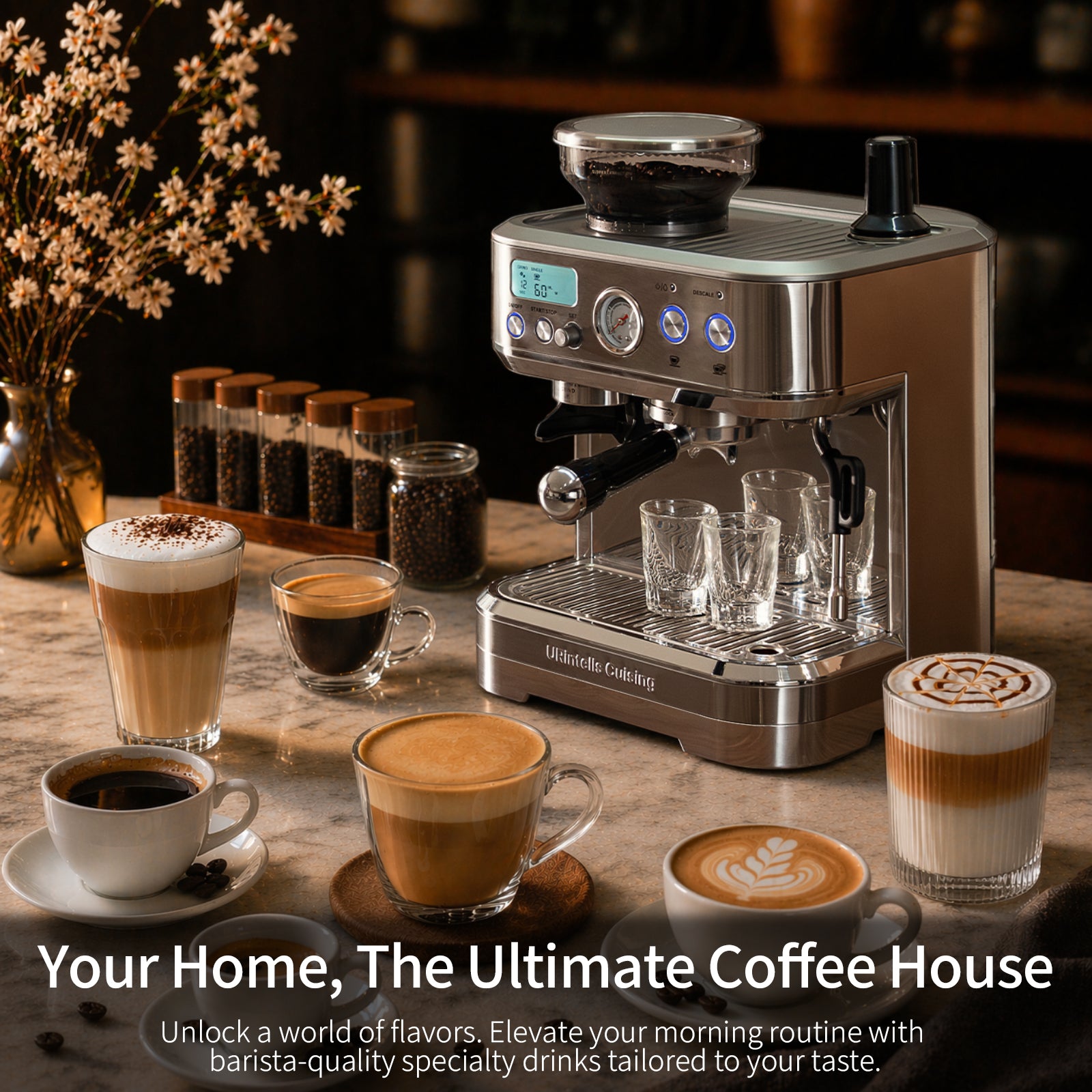 Semi-Automatic Espresso Machine with Grinder & Milk Frother – 58mm Professional Coffee Maker