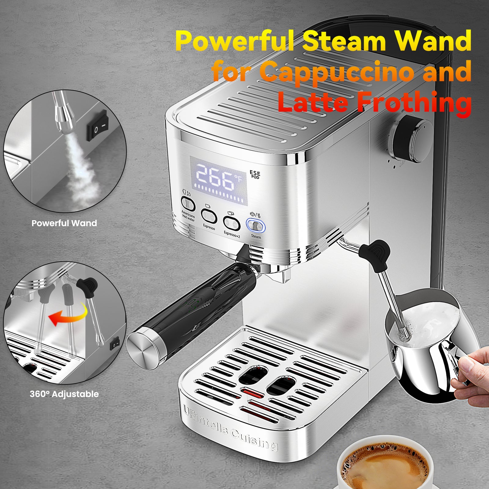 Espresso Machine with Temperature Timer LED Display 20 Bar Espresso Maker with Adjustable Extraction Temperature Stainless Steel Coffee Machine with Powerful Steam Wand for Cappuccino Latte Americano