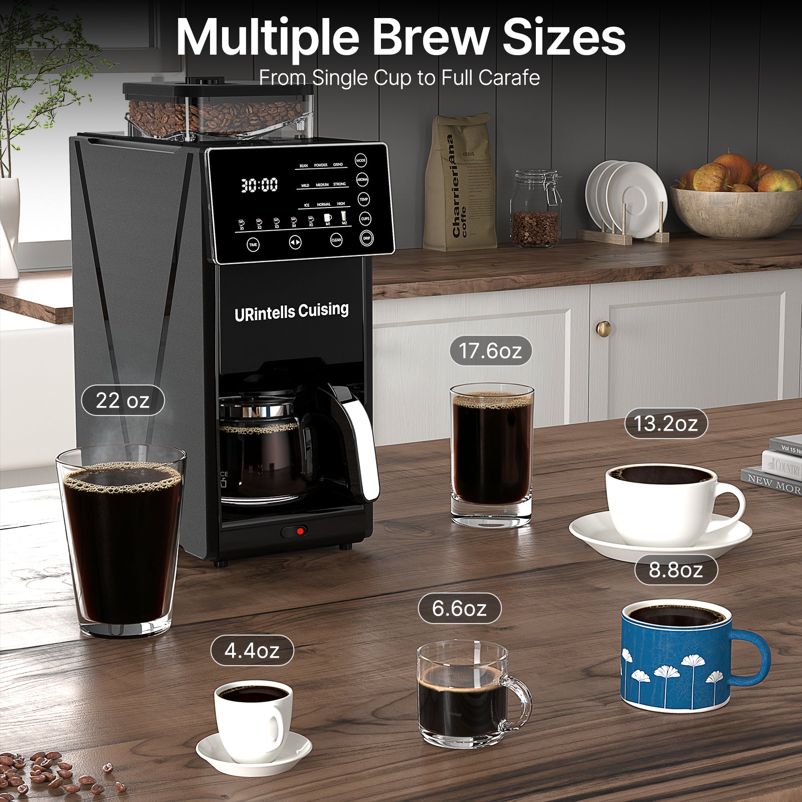 Automatic Drip Coffee Maker with Built-In Grinder & Programmable Timer